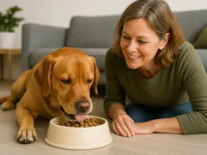 Een hond eet uit zijn voerbak terwijl het baasje toekijkt