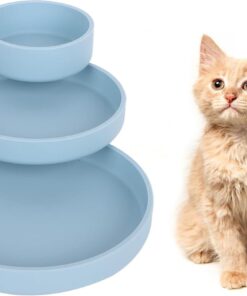Voerbak voor katten, set van 3, siliconen voerbak, drinkbak, ovaal, brede siliconen bak voor droogvoer en natvoer (blauw)