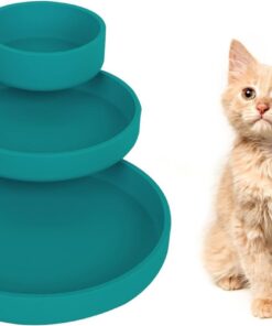 Voerbak voor katten, set van 3, siliconen voerbak, drinkbak, ovaal, brede siliconen bak voor droogvoer en natvoer (donkergroen)