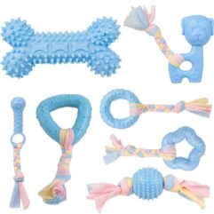 Hondenkauwspeelgoed, 7 stuks hondenpuppy's kinderziektes kauwspeelgoed set met bal en kleurrijke touwen, interactief huisdierspeelgoed voor kleine en middelgrote honden (blauw)