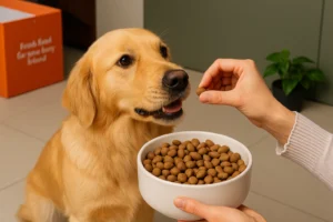 Een verzorgde blije hond dat graanvrij hondenvoer van zijn baasje krijgt