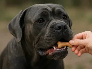 Cane Corso wordt beloont met een hondenkoekje