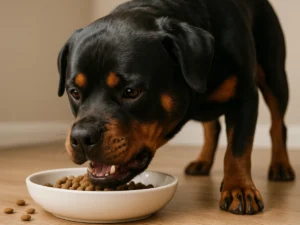 Een Rottweiler die brokken uit zijn voerbak eet